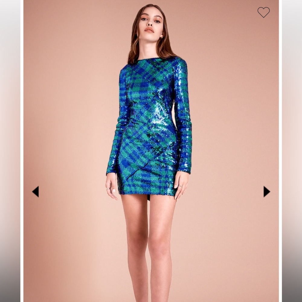 Sho Cyndi Green and Blue Plaid Sequin Sheath Long Sleeve Dress Size Medium